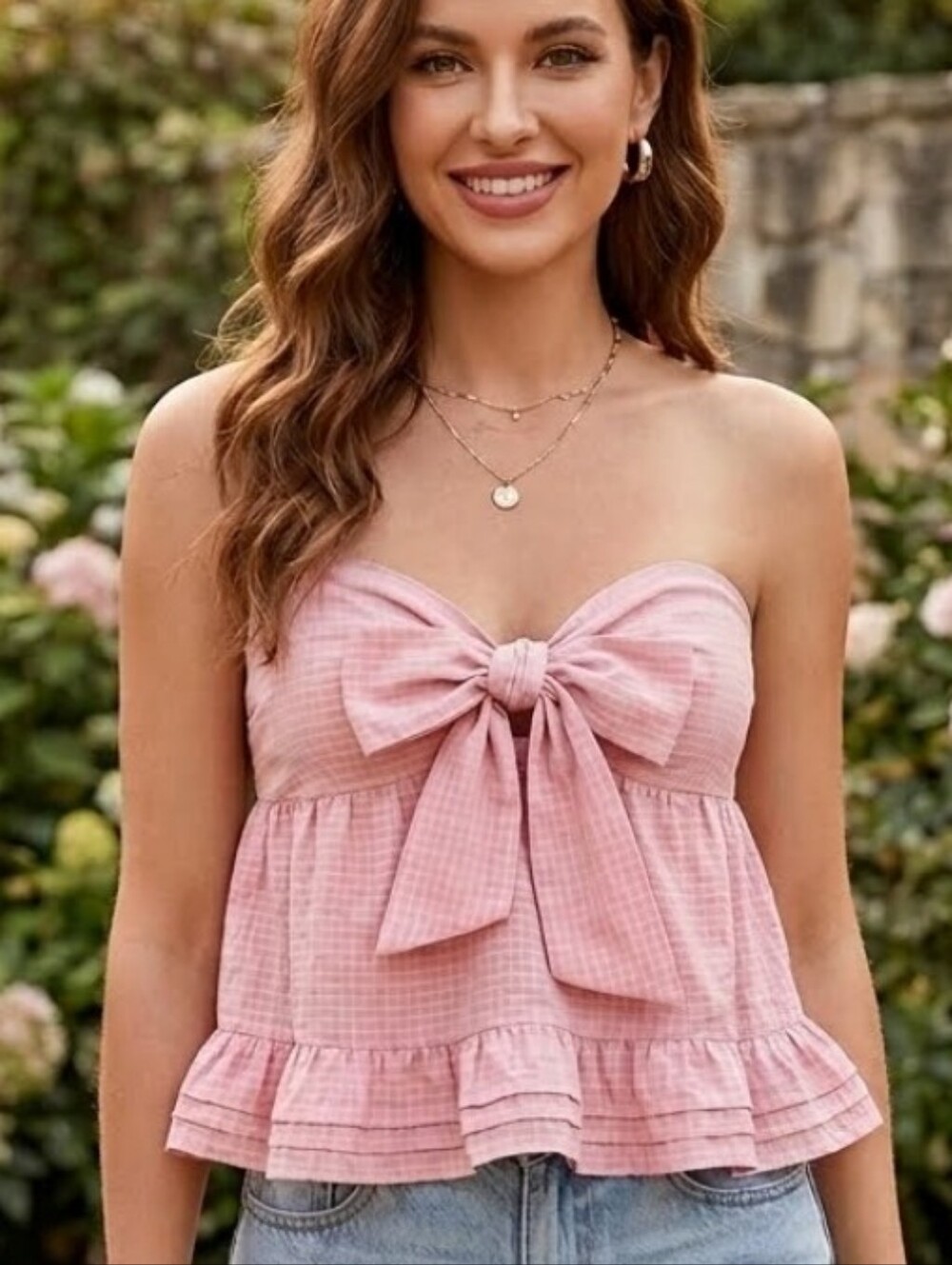 GAP Pink Tie-Front Ruffle Strappless Blouse Sz M NWT